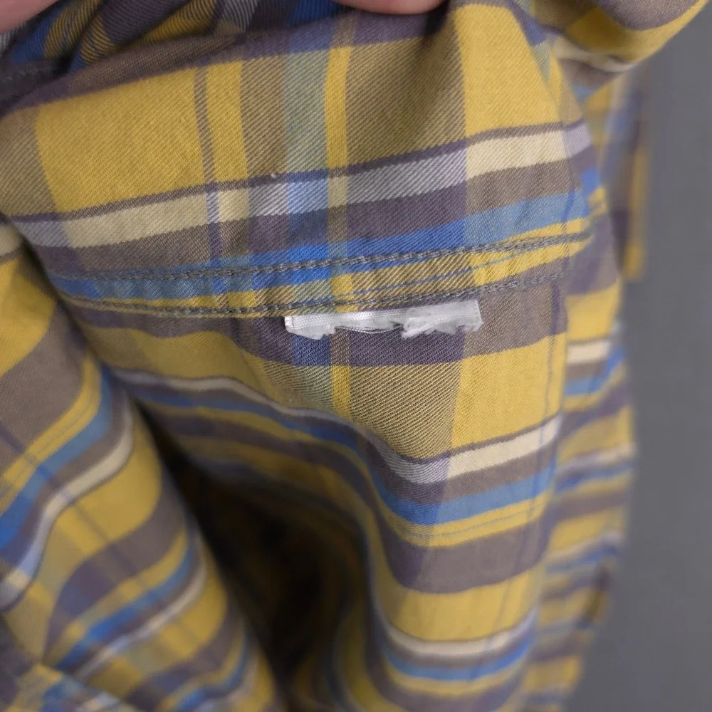 True Religion Shirt Mens XL Western Pearl Snap Plaid Yellow Blue Short Sleeve XL